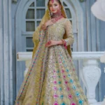 Golden Beige Bridal Lehenga with Multicolor Mirror Embroidery