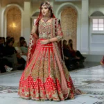 Red Bridal Lehenga with Gold Zardozi & Peach Dupatta