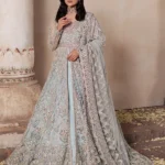 Ice-Blue Bridal Gown with Raw Silk Lehenga