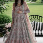 Luxury Maroon Embroidered Pishwas Frock with Organza Dupatta
