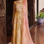 Turquoise Embroidered Open Gown with Farshi Sharara and Royal Dupatta