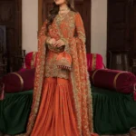Burnt Orange Embroidered Kurti with Organza Gharara