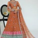 Rust Embroidered Pishwas Frock with Raw Silk Trousers