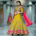 Yellow & Hot Pink Bridal Lehenga with Silver Zardozi and Mirror Work