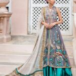Lilac Organza Front-Open Gown with Green Velvet Lehenga