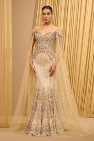 Champagne Corset & Mermaid Gown with Ethereal Capes