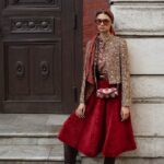 Gilded Bronze Jacket & Crimson Velvet Skirt Ensemble