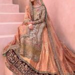 Peach and Maroon Embellished Lehenga Set with Ivory Coat